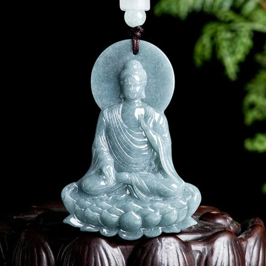 High-grade Natural Jadeite Blue Water Amitabha Pendant Hand-carved Tathagata Buddha Patron Saint Men's and Women's Necklaces