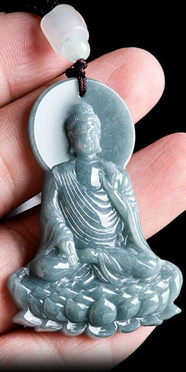 High-grade Natural Jadeite Blue Water Amitabha Pendant Hand-carved Tathagata Buddha Patron Saint Men's and Women's Necklaces