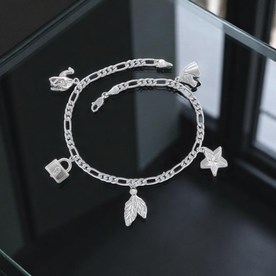 Sterling Silver Plated Figaro Chain Anklet with Leaf, Padlock & Star Charms