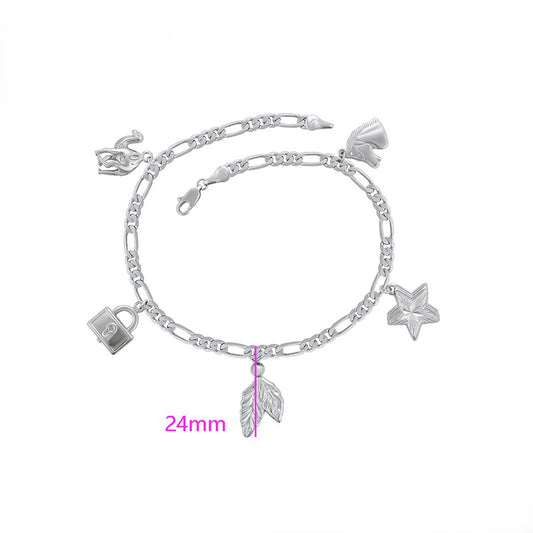 Sterling Silver Plated Figaro Chain Anklet with Leaf, Padlock & Star Charms