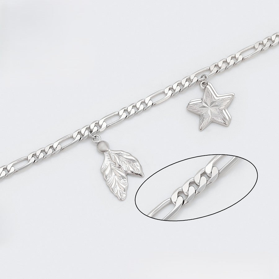 Sterling Silver Plated Figaro Chain Anklet with Leaf, Padlock & Star Charms