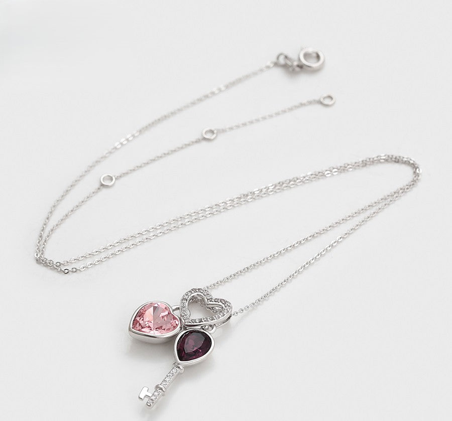Sweetheart Lock and Pink & Purple Crystal Key Pendant - Platinum Plated