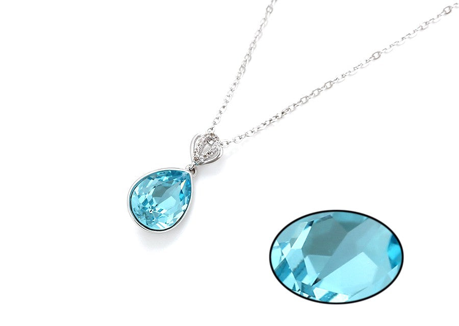 Platinum Plated Blue Crystal Teardrop Pendant Necklace