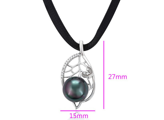 Silver Black Pearl Teardrop Pendant with Leaf and Pave Crystals on Black Cord