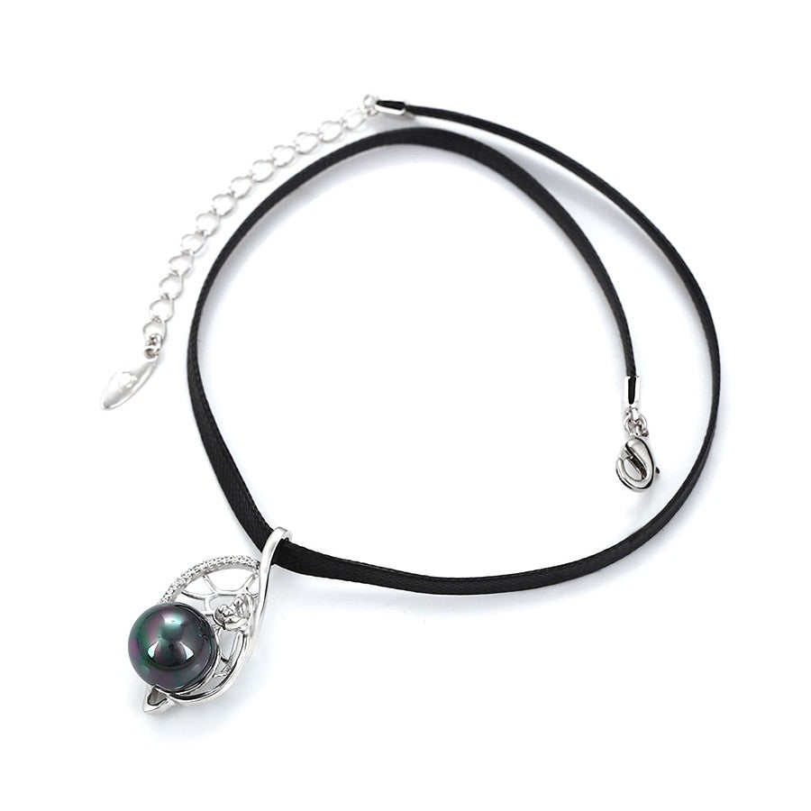Silver Black Pearl Teardrop Pendant with Leaf and Pave Crystals on Black Cord
