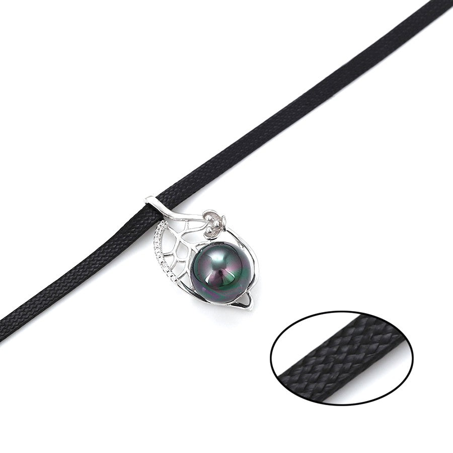 Silver Black Pearl Teardrop Pendant with Leaf and Pave Crystals on Black Cord