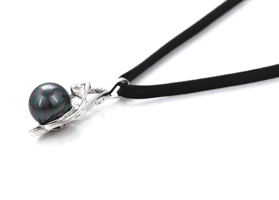 Silver Black Pearl Teardrop Pendant with Leaf and Pave Crystals on Black Cord