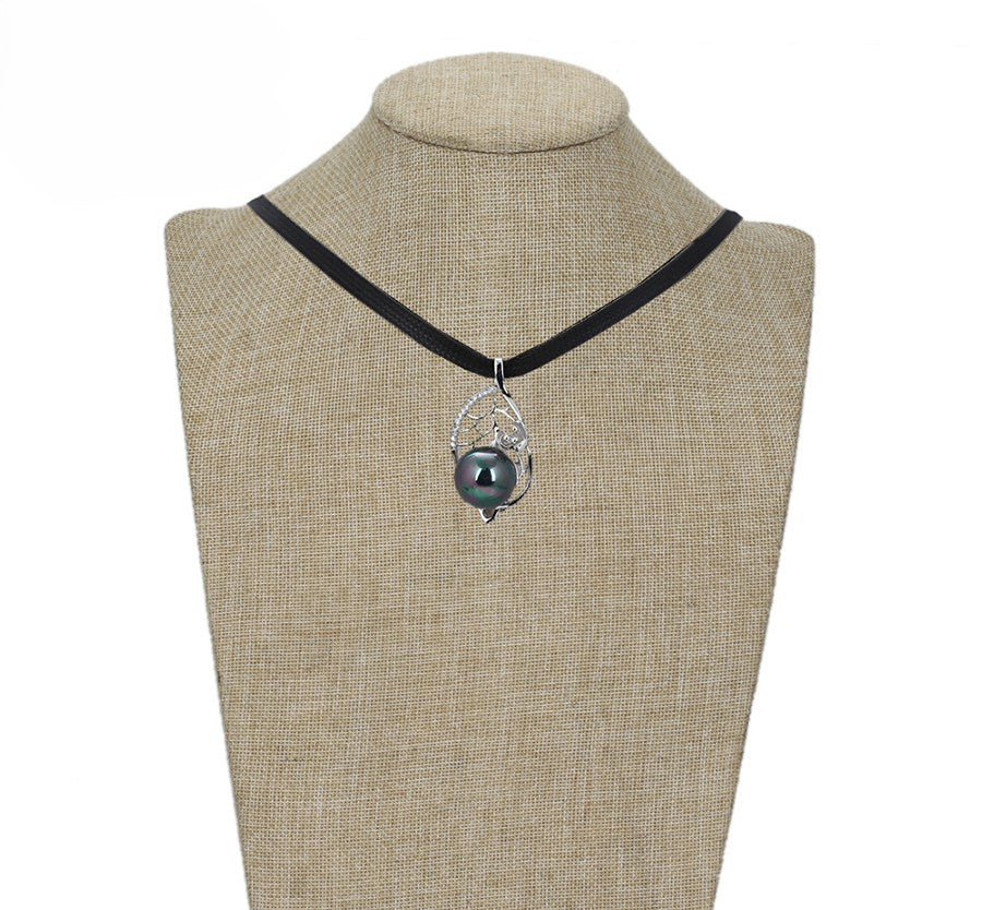 Silver Black Pearl Teardrop Pendant with Leaf and Pave Crystals on Black Cord