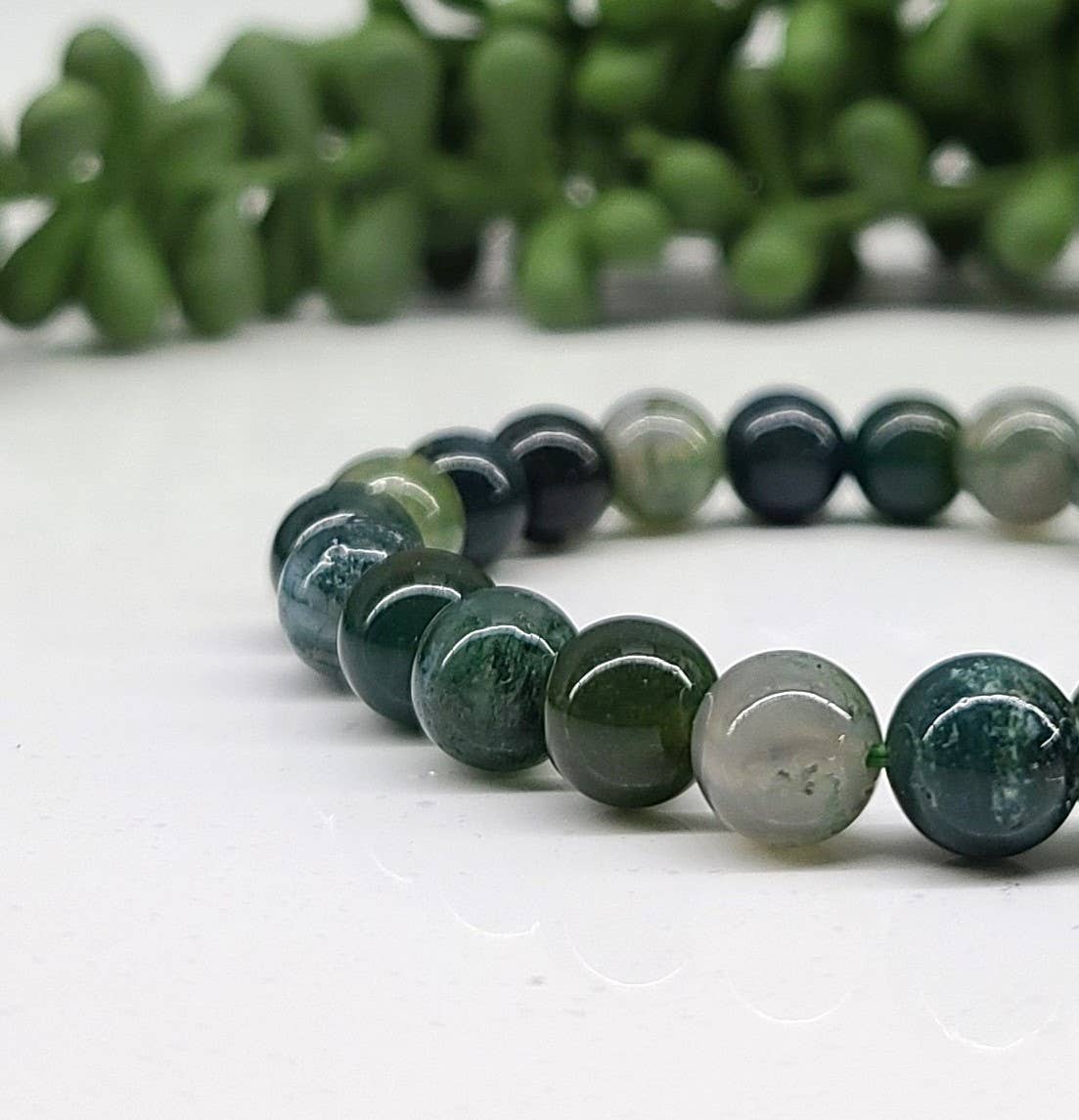 Moss Agate Gemstone Bracelet Stretchable 8mm Beads-7.5"L