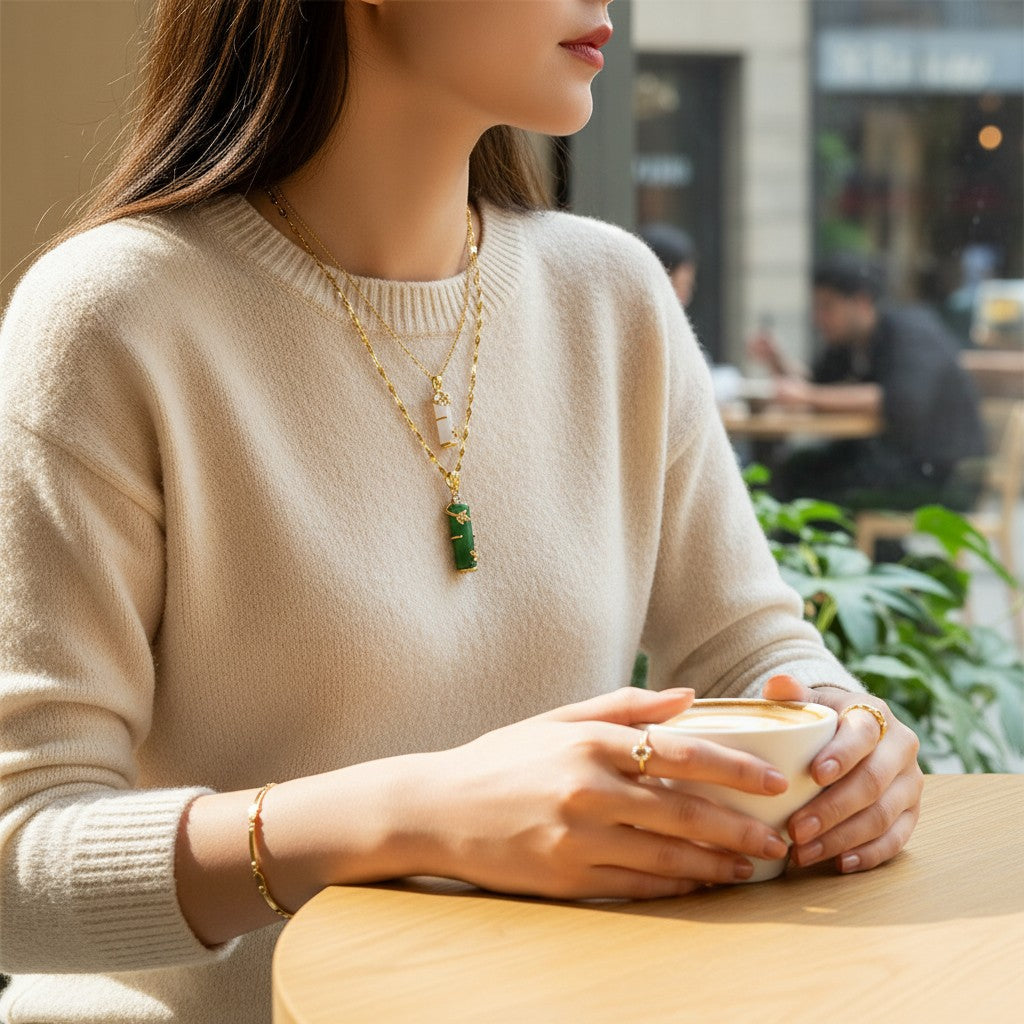 32lavender 18K gold plated titanium steel necklace with green or white jade bamboo pendant and wavy chain.