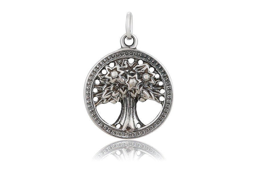 Tree of Life Charm in Sterling Silver with Circular Border Pendant