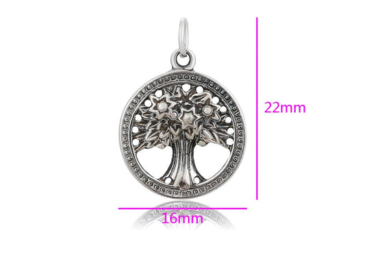 Tree of Life Charm in Sterling Silver with Circular Border Pendant