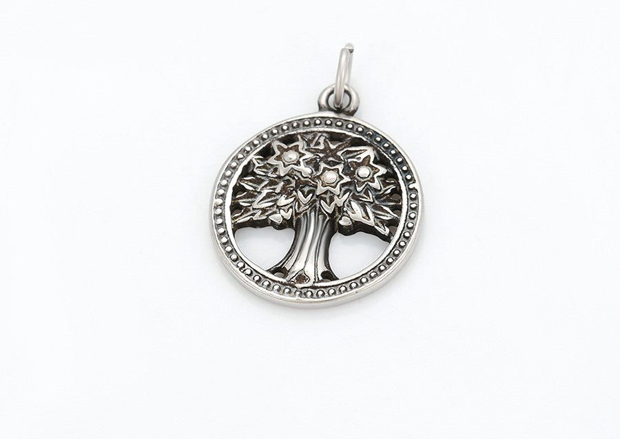 Tree of Life Charm in Sterling Silver with Circular Border Pendant