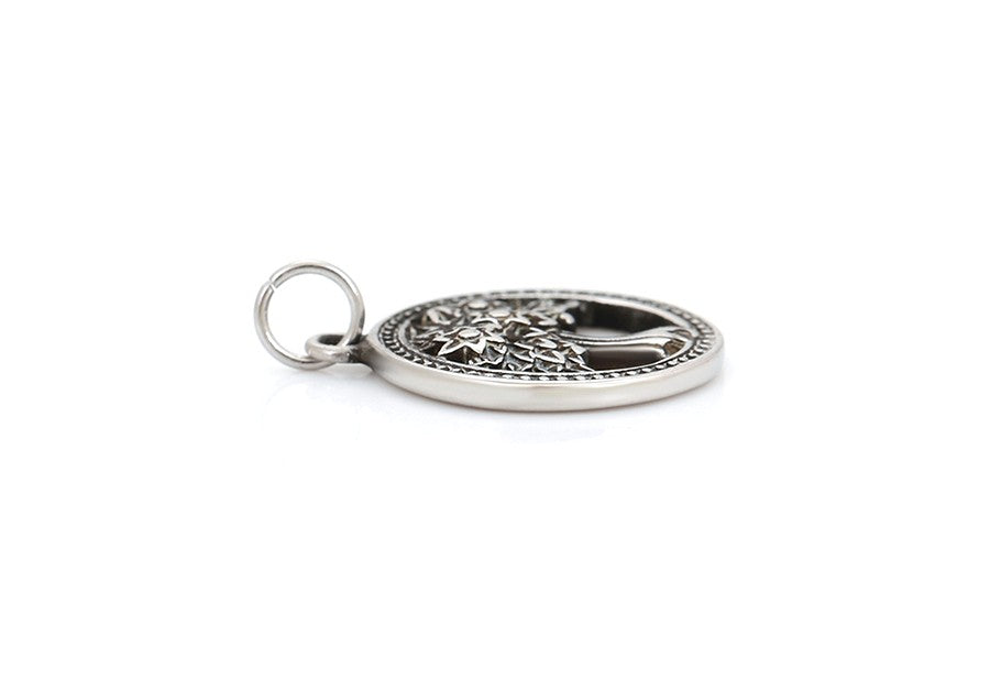 Tree of Life Charm in Sterling Silver with Circular Border Pendant