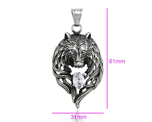Wolf Charm in Sterling Silver with White Gemstone - Howling Wolf Pendant