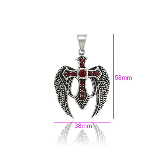 Sterling Silver Angel Wings Cross Pendant with Red Crystals