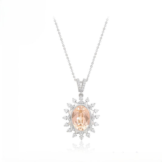 Aurora Champagne Quartz Sunburst Necklace | Platinum Plated Oval Crystal Halo Statement Pendant