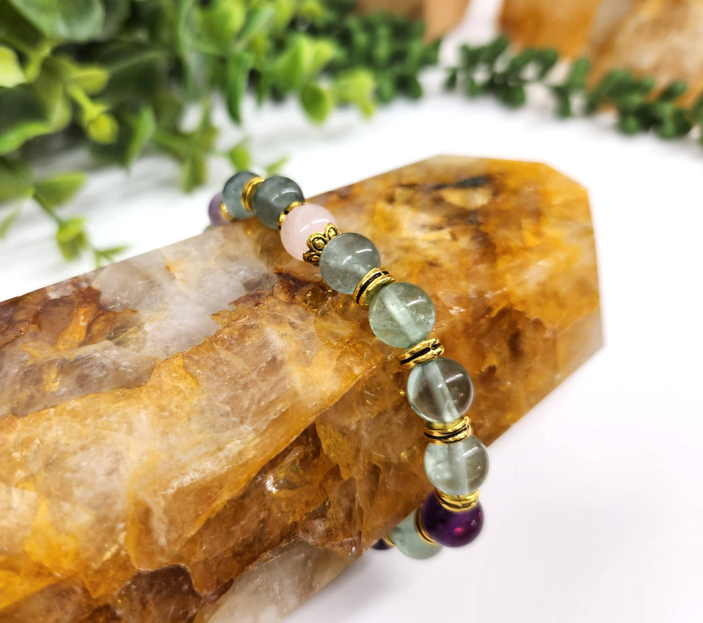 INNER PEACE - Rainbow Fluorite/Rose Quartz(center) 8mm,7.5"L