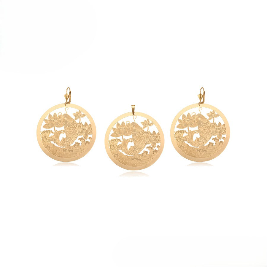 18K Gold Plated Round Koi Fish & Lotus Flower Pendant & Leve rback Earrings Set