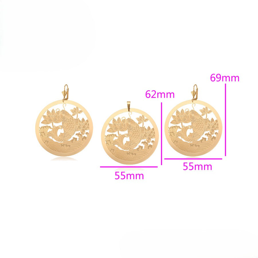 18K Gold Plated Round Koi Fish & Lotus Flower Pendant & Leve rback Earrings Set