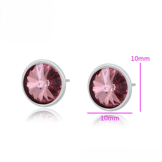 Silver Round Pink Crystal Stud Earrings - Elegant Gem Earrings