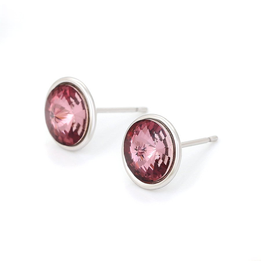Silver Round Pink Crystal Stud Earrings - Elegant Gem Earrings