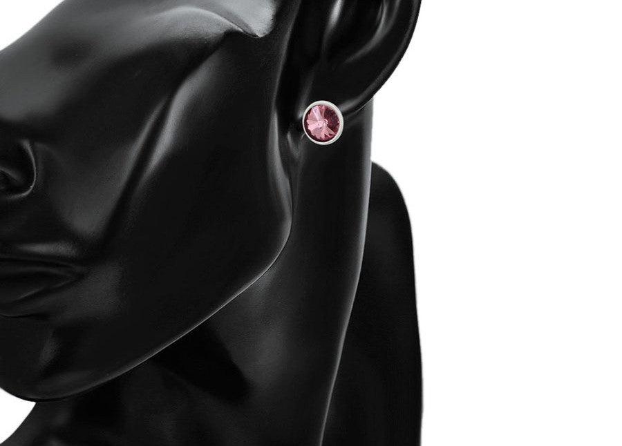 Silver Round Pink Crystal Stud Earrings - Elegant Gem Earrings