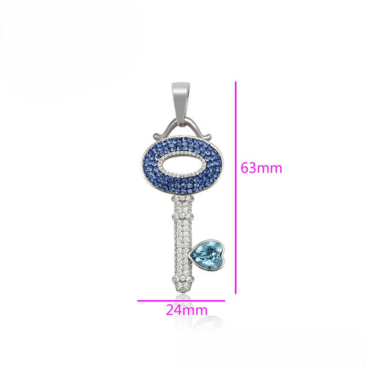 Crystal Key Charm in Sterling Silver with Blue Heart Accent