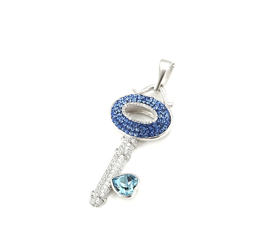 Crystal Key Charm in Sterling Silver with Blue Heart Accent