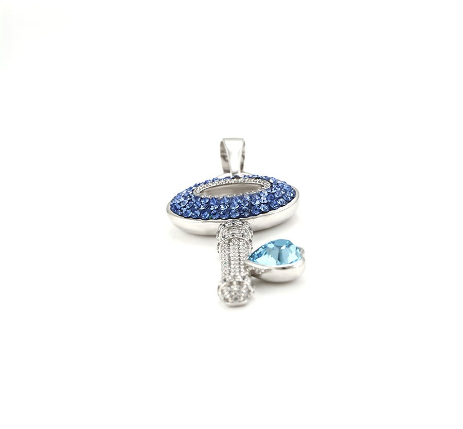 Crystal Key Charm in Sterling Silver with Blue Heart Accent