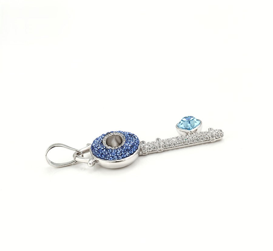 Crystal Key Charm in Sterling Silver with Blue Heart Accent