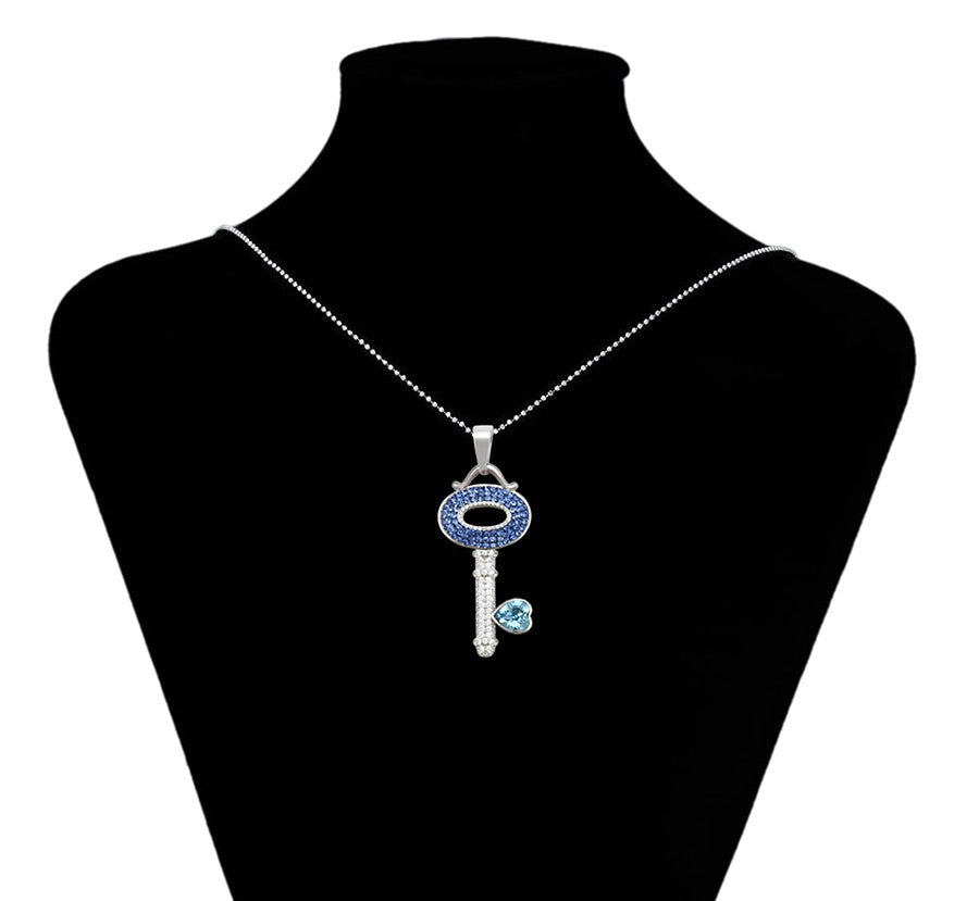 Crystal Key Charm in Sterling Silver with Blue Heart Accent