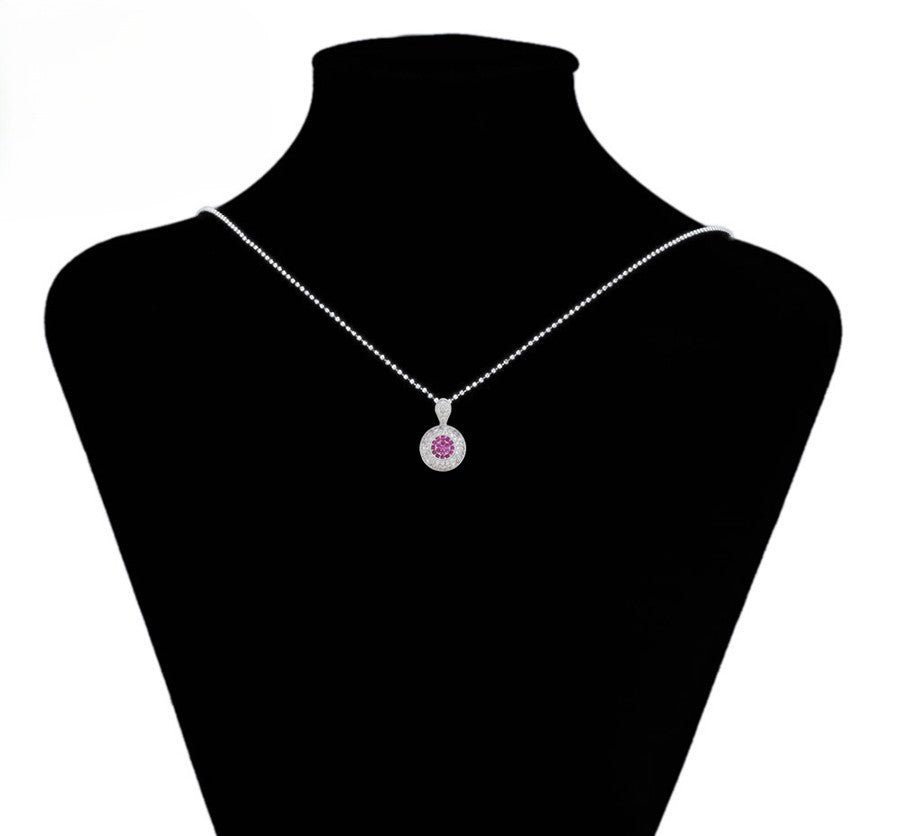 Round Ruby and Diamond Halo Pendant in Platinum Plated
