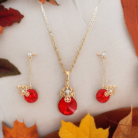 18K Gold Plated Red Crystal Gourd Pendant Necklace & Drop Earrings Set