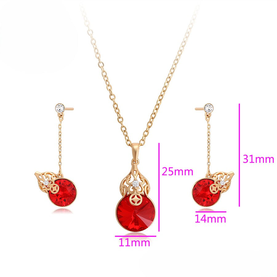 18K Gold Plated Red Crystal Gourd Pendant Necklace & Drop Earrings Set