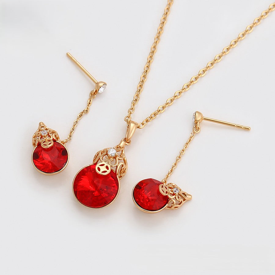 18K Gold Plated Red Crystal Gourd Pendant Necklace & Drop Earrings Set