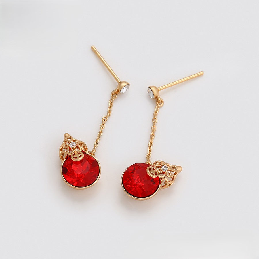 18K Gold Plated Red Crystal Gourd Pendant Necklace & Drop Earrings Set