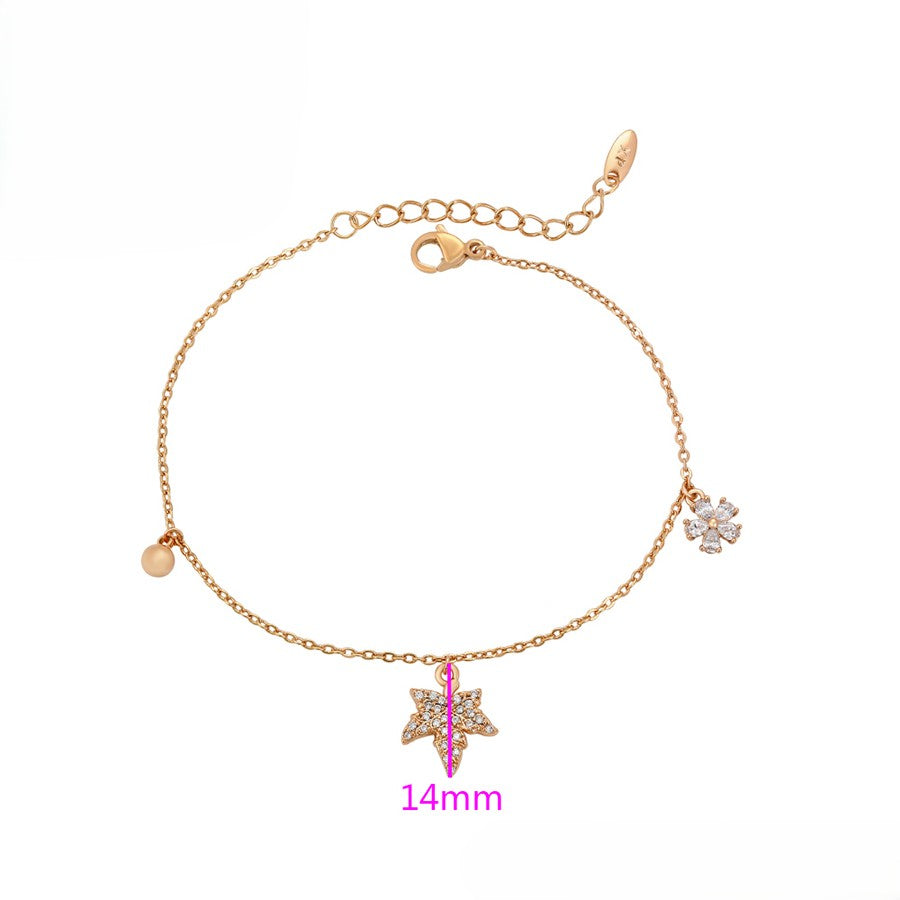 Delicate Gold Chain Bracelet with Leaf and Floral Charms and Sparkling Crystals