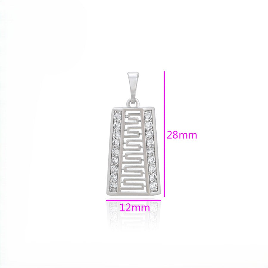 Greek Key Geometric Pendant | Platinum Plated Openwork Meander Pattern Crystal Border Charm