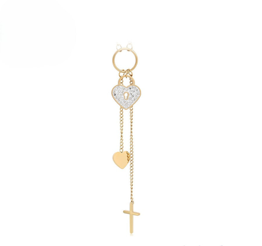 14K gold Plated - Heart Lock, Heart, and Cross Charm Layered Necklace