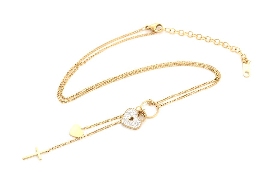 14K gold Plated - Heart Lock, Heart, and Cross Charm Layered Necklace