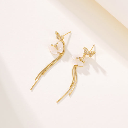 Enchanted Pearl Butterfly Tassel Earrings | 14K Gold Pave Crystal Dual-Layer Linear Dangle Earrings