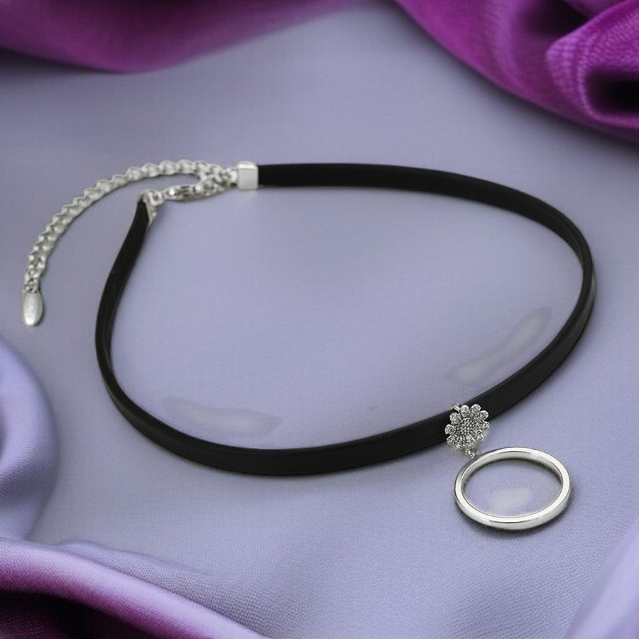 Black Choker Necklace with Crystal Flower & Ring Charm