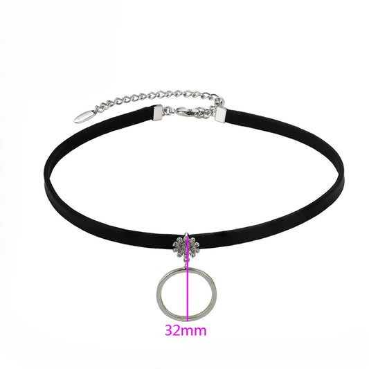 Black Choker Necklace with Crystal Flower & Ring Charm