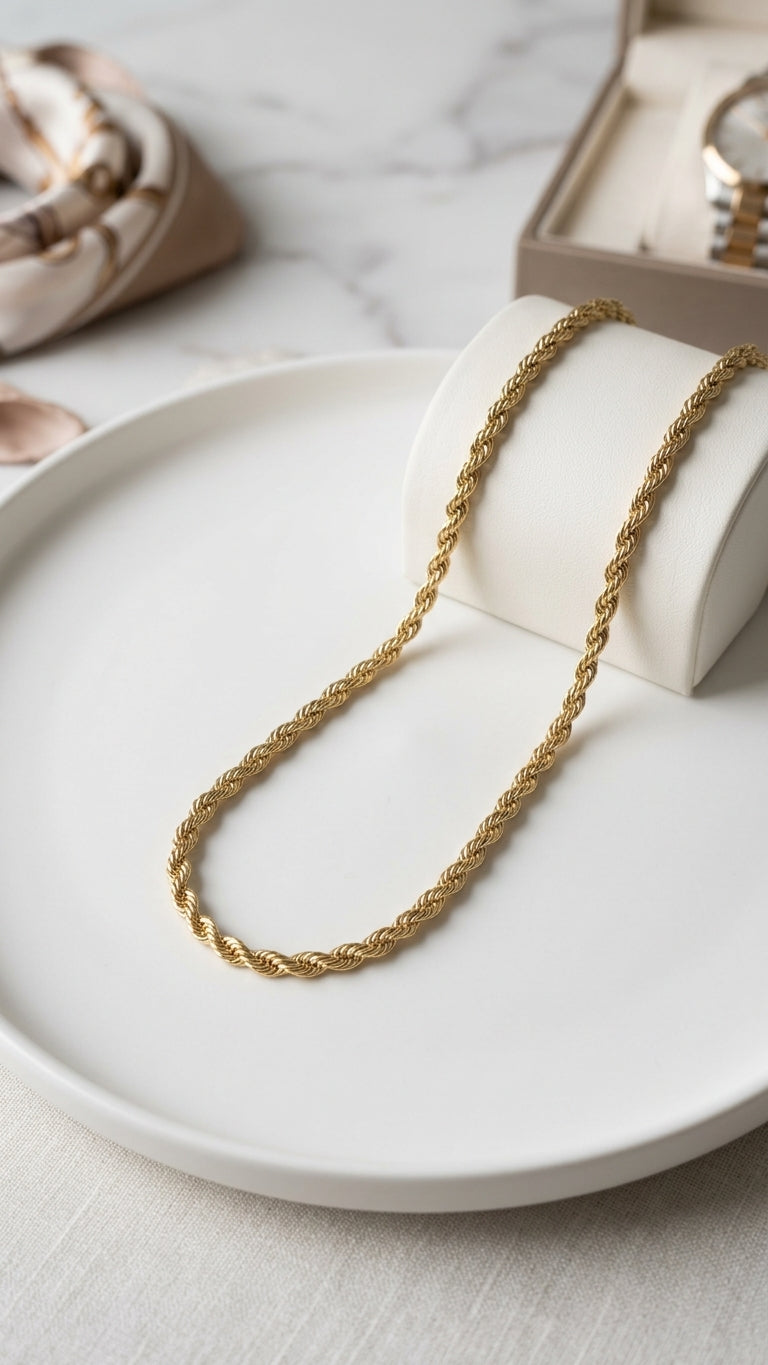 14K Gold Plated Stainless Steel Rope Chain Necklace – Classic Twisted Chain