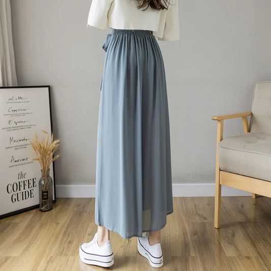 Spring Summer New Style Korean Women Pleated Chiffon Trousers High Waist Pants Hakama Casual Wide Leg Pantalone