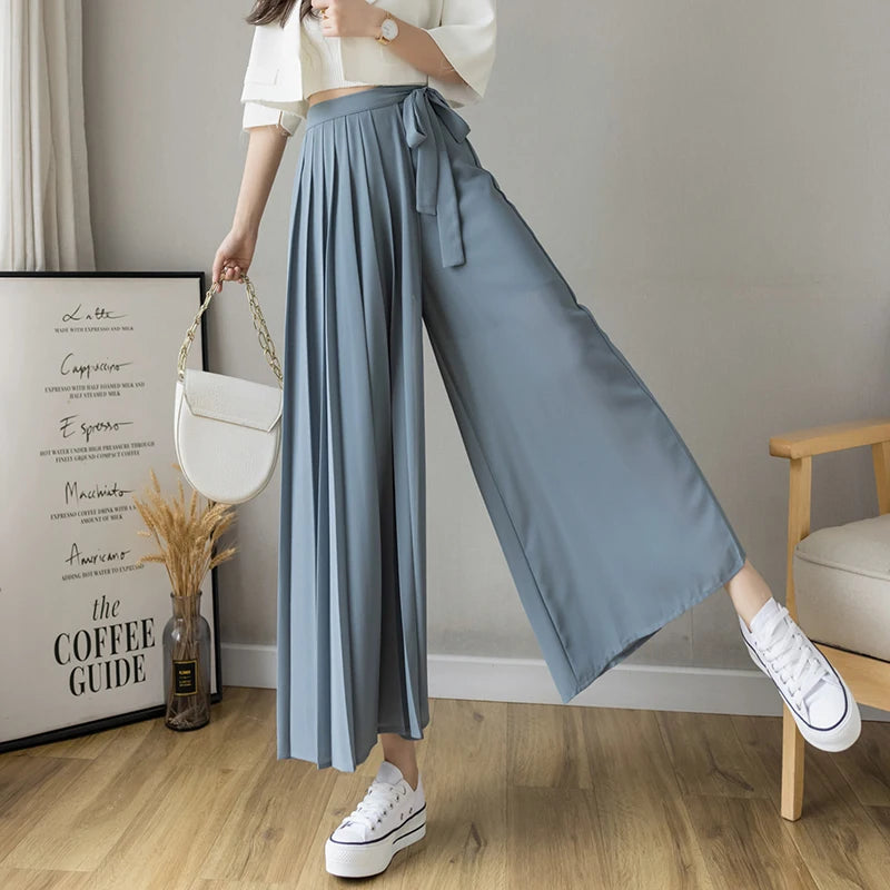 Spring Summer New Style Korean Women Pleated Chiffon Trousers High Waist Pants Hakama Casual Wide Leg Pantalone