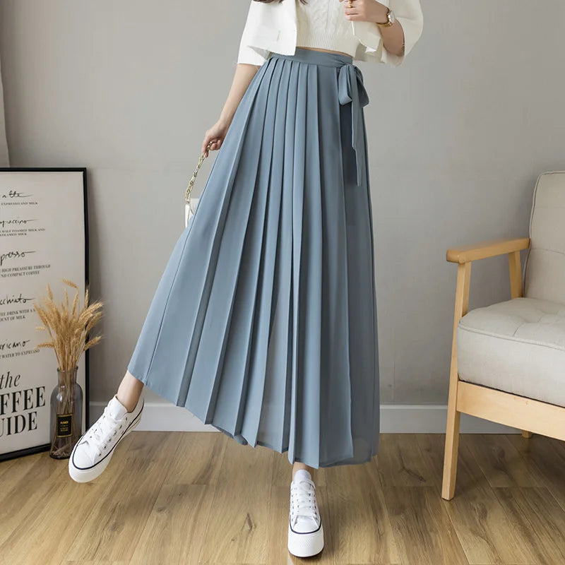 Spring Summer New Style Korean Women Pleated Chiffon Trousers High Waist Pants Hakama Casual Wide Leg Pantalone
