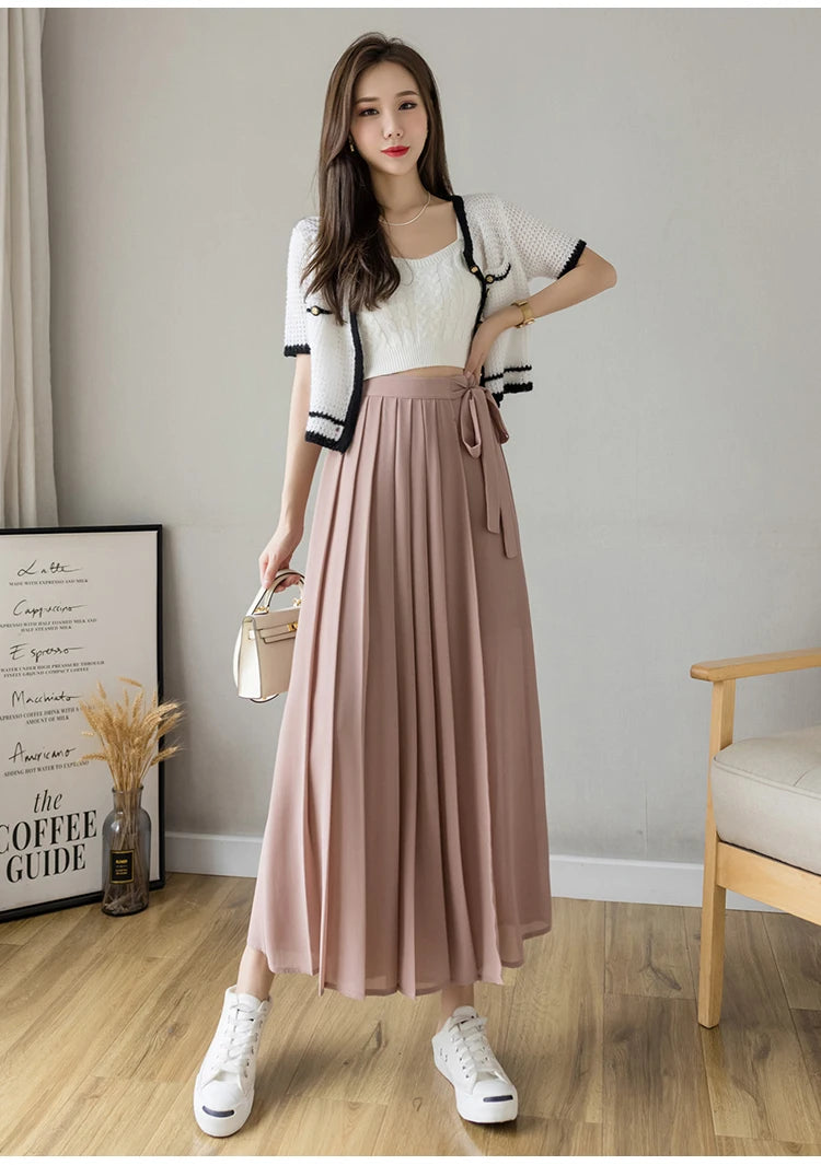 Spring Summer New Style Korean Women Pleated Chiffon Trousers High Waist Pants Hakama Casual Wide Leg Pantalone