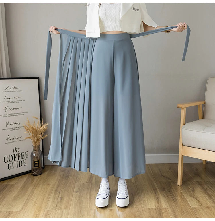 Spring Summer New Style Korean Women Pleated Chiffon Trousers High Waist Pants Hakama Casual Wide Leg Pantalone